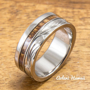 Titanium Wedding Ring Set with Hawaiian Koa Wood Inlay (6mm - 8mm Width, Flat Style) - Aolani Hawaii - 2