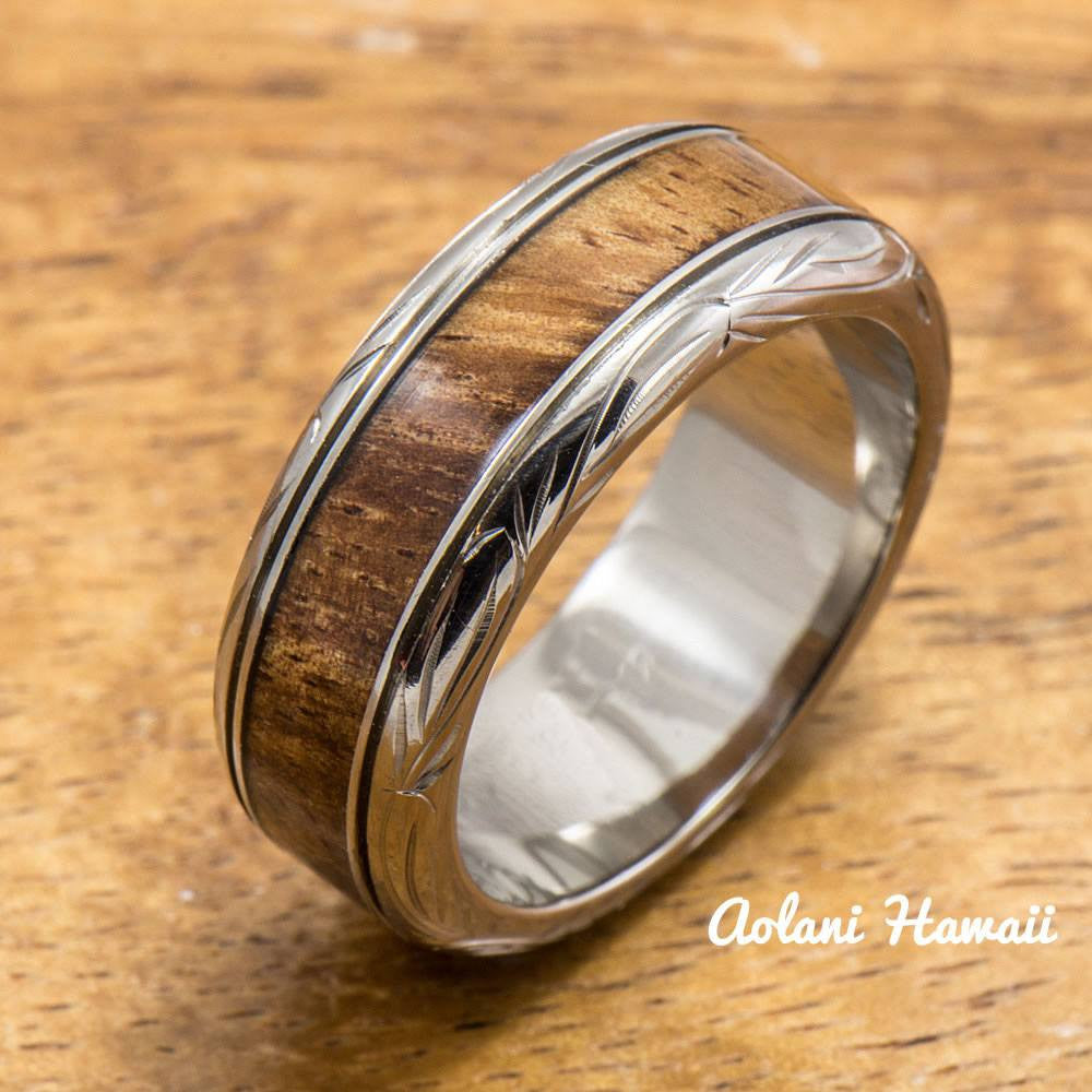 
            
                Load image into Gallery viewer, Titanium Wedding Ring Set with Hawaiian Koa Wood Inlay (6mm - 8mm Width, Flat Style) - Aolani Hawaii - 3
            
        