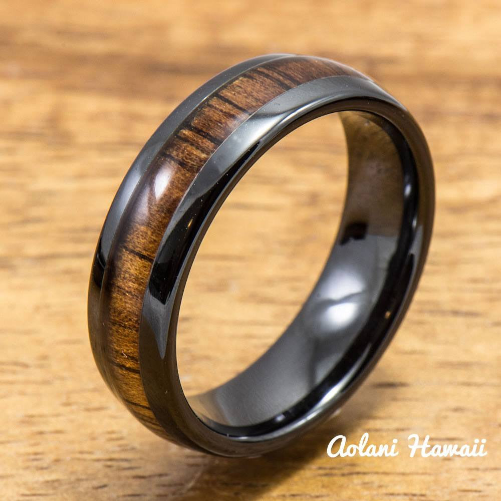 Black Wedding Ring Set - Black Ceramic Ring with Koa Wood Inlay (4mm & 6mm width, Barrel Style) - Aolani Hawaii - 2