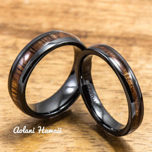 
            
                Load image into Gallery viewer, Black Wedding Ring Set - Black Ceramic Ring with Koa Wood Inlay (4mm &amp;amp; 6mm width, Barrel Style) - Aolani Hawaii - 1
            
        