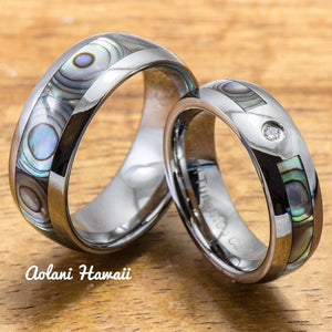 CZ Cubic Zirconia Stone Tungsten Wedding Band Set with Mother of Pearl Abalone Inlay (6mm - 8mm Width) - Aolani Hawaii - 1