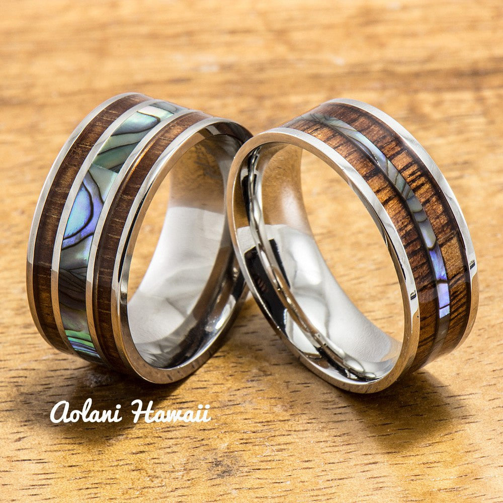 Titanium and Stainless Hawaiian Koa Titanium Wedding Band Set (10mm - 8mm Width, Flat Style) - Aolani Hawaii - 1