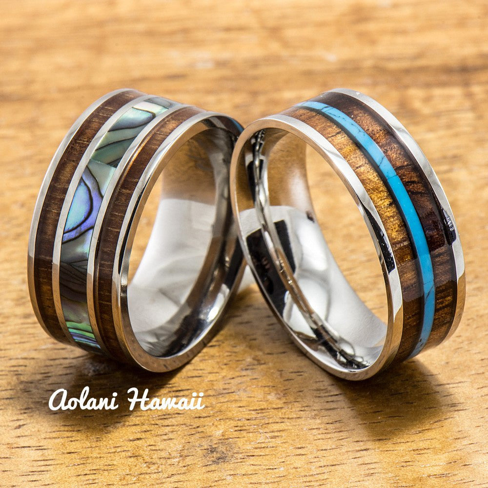 Titanium and Stainless Hawaiian Koa Titanium Wedding Band Set (10mm - 8mm Width, Flat Style) - Aolani Hawaii - 1