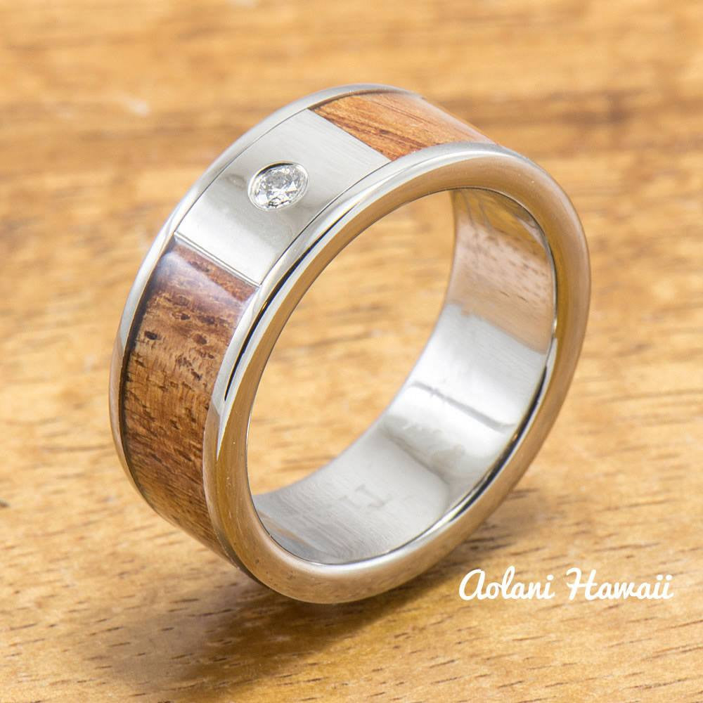 Diamond Titanium Wedding Ring Set with Hawaiian Koa Wood Inlay (8mm - 8mm Width, Flat Style) - Aolani Hawaii - 2