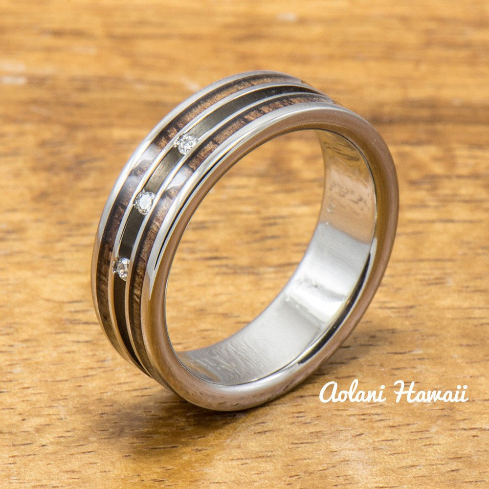 Diamond Titanium Wedding Ring Set with Hawaiian Koa Wood Inlay (6mm - 8mm Width, Flat Style) - Aolani Hawaii - 3