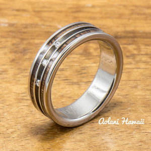 Diamond Titanium Wedding Ring Set with Hawaiian Koa Wood Inlay (6mm - 8mm Width, Flat Style) - Aolani Hawaii - 3