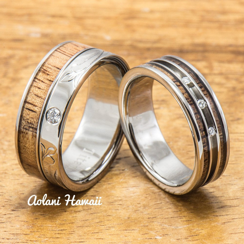 Diamond Titanium Wedding Ring Set with Hawaiian Koa Wood Inlay (6mm - 8mm Width, Flat Style) - Aolani Hawaii - 1