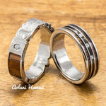 Diamond Titanium Wedding Ring Set with Hawaiian Koa Wood Inlay (6mm - 8mm Width, Flat Style) - Aolani Hawaii - 1