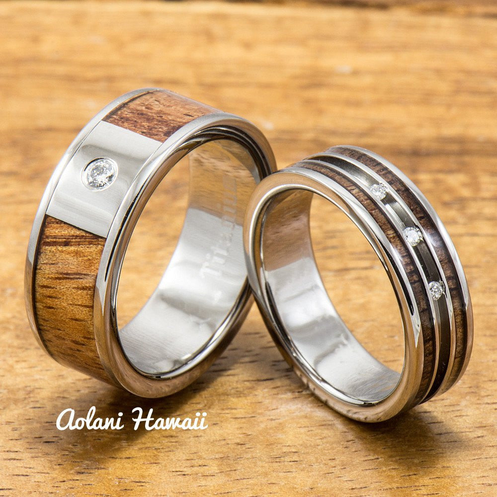 Diamond Titanium Wedding Ring Set with Hawaiian Koa Wood Inlay (6mm - 8mm Width, Flat Style) - Aolani Hawaii - 1