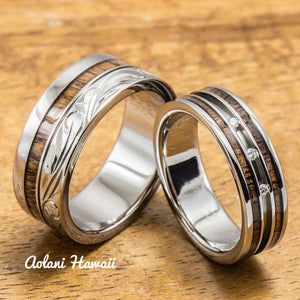 Diamond Titanium Wedding Ring Set with Hawaiian Koa Wood Inlay (6mm - 8mm Width, Flat Style) - Aolani Hawaii - 1
