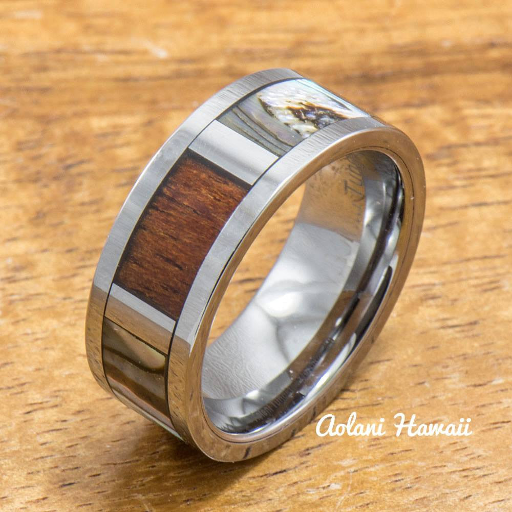 Tungsten Abalone Ring Made with Hawaiian Koa Wood Inlay (8mm Width, Flat style) - Aolani Hawaii - 1