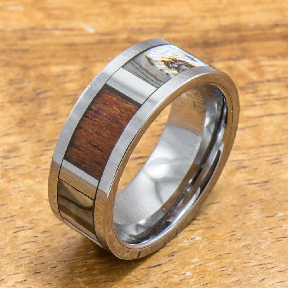 Tungsten Abalone Ring Made with Hawaiian Koa Wood Inlay (8mm Width, Flat style)