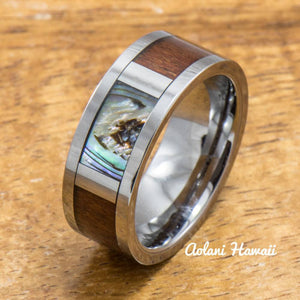 Tungsten Abalone Ring Made with Hawaiian Koa Wood Inlay (8mm Width, Flat style) - Aolani Hawaii - 4