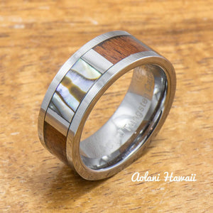 Tungsten Abalone Ring Made with Hawaiian Koa Wood Inlay (8mm Width, Flat style) - Aolani Hawaii - 3