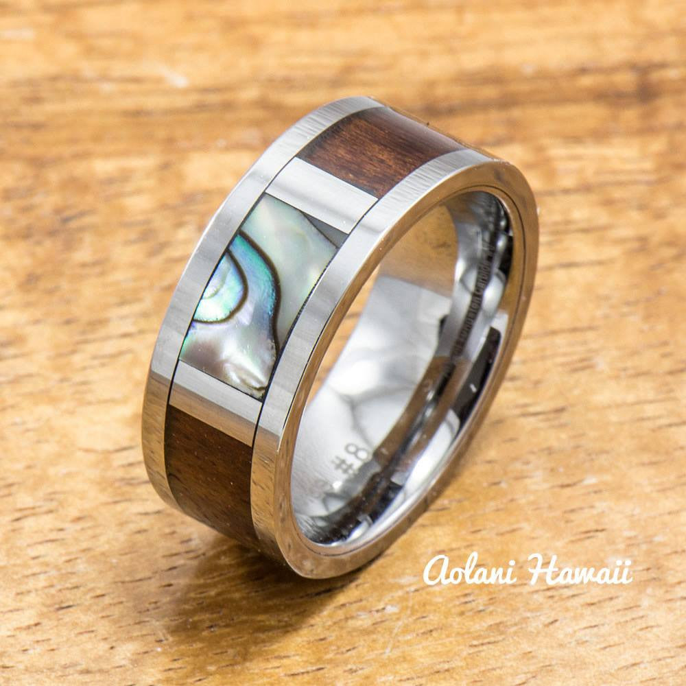 Tungsten Abalone Ring Made with Hawaiian Koa Wood Inlay (8mm Width, Flat style) - Aolani Hawaii - 2