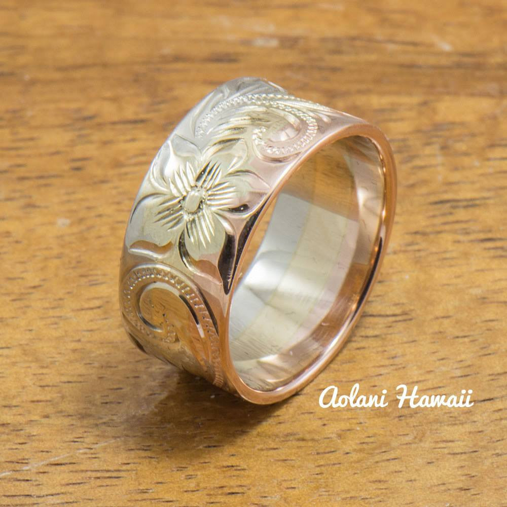 3 Tone 14k Gold Traditional Hawaiian Ring Hand Engraved (Flat style, 9mm) - Aolani Hawaii - 1