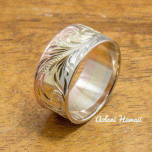 3 Tone 14k Gold Traditional Hawaiian Ring Hand Engraved (Flat style, 9mm) - Aolani Hawaii - 2