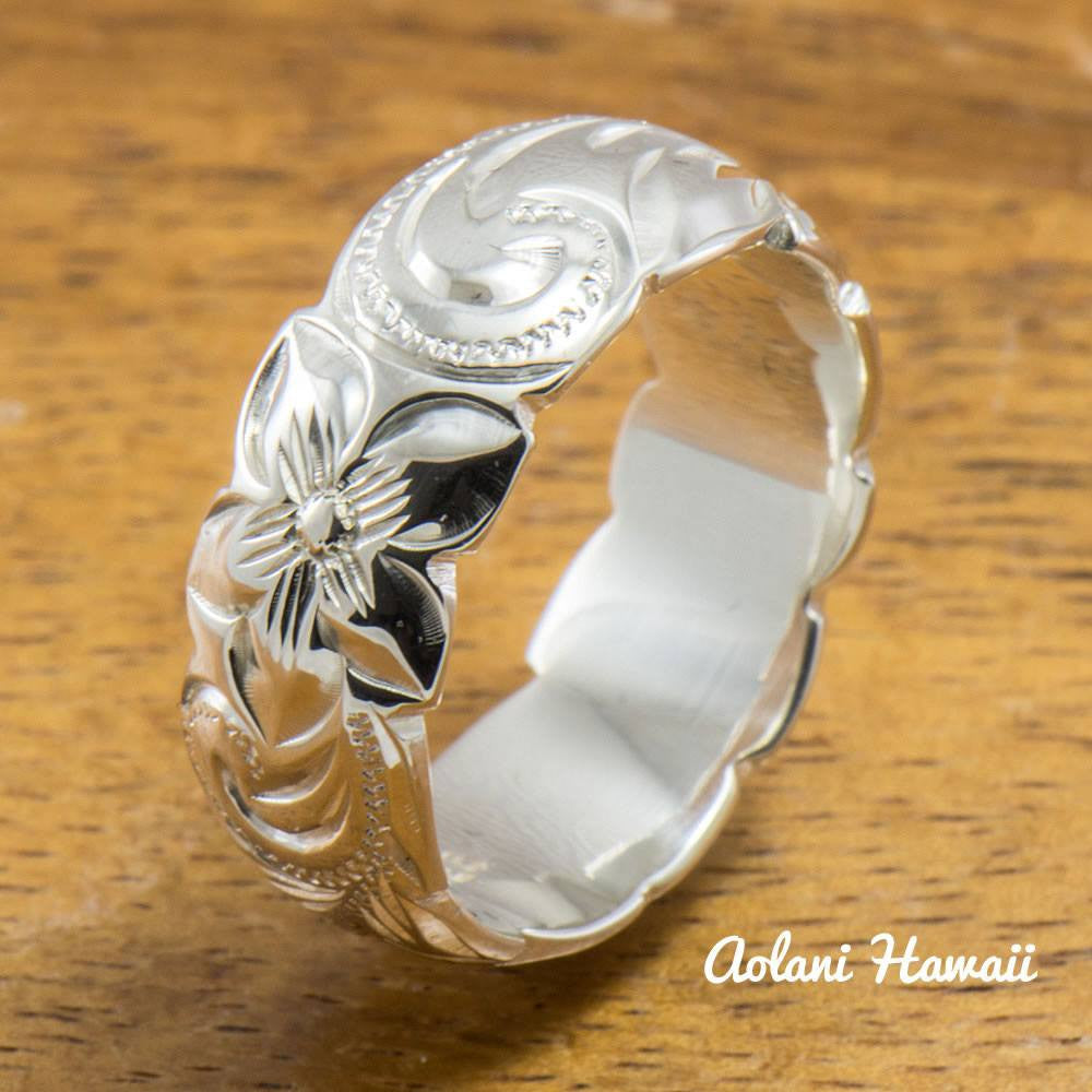 
            
                Load image into Gallery viewer, Set of Traditional Hawaiian Hand Engraved Sterling Silver Barrel Rings (10mm &amp;amp; 8mm width, Barrel Style) - Aolani Hawaii - 4
            
        
