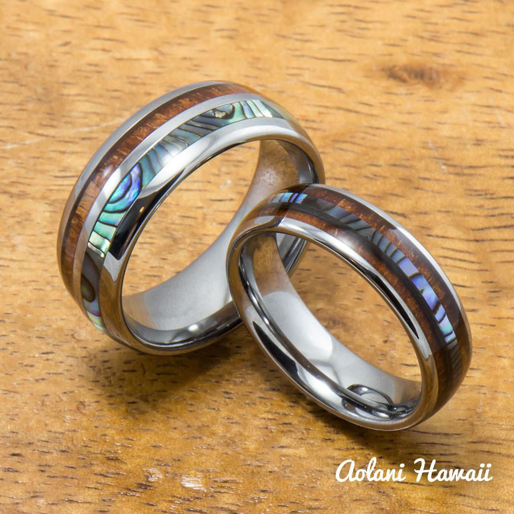 Tungsten Abalone Wedding Band Set with Mother of Pearl Abalone and Koa Wood Inlay (6mm - 8mm Width) - Aolani Hawaii - 1