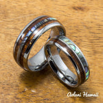 Tungsten Abalone Wedding Band Set with Mother of Pearl Abalone and Koa Wood Inlay (6mm - 8mm Width) - Aolani Hawaii - 1