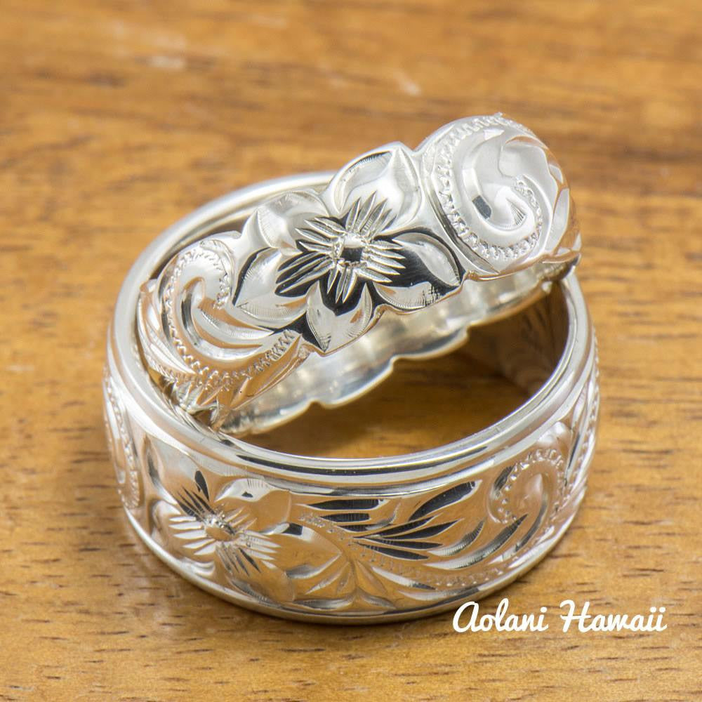 Set of Traditional Hawaiian Hand Engraved Sterling Silver Barrel Rings (10mm & 8mm width, Barrel Style) - Aolani Hawaii - 1