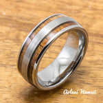 Brushed Tungsten Ring with Hawaiian Wood Inlay (6mm - 8mm width, Barrel style) - Aolani Hawaii - 1