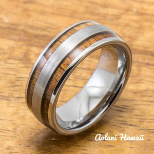 Wedding Band Set of Brushed Tungsten Rings with Koa Wood Inlay (6mm & 8mm width, Barrel Style) - Aolani Hawaii - 2