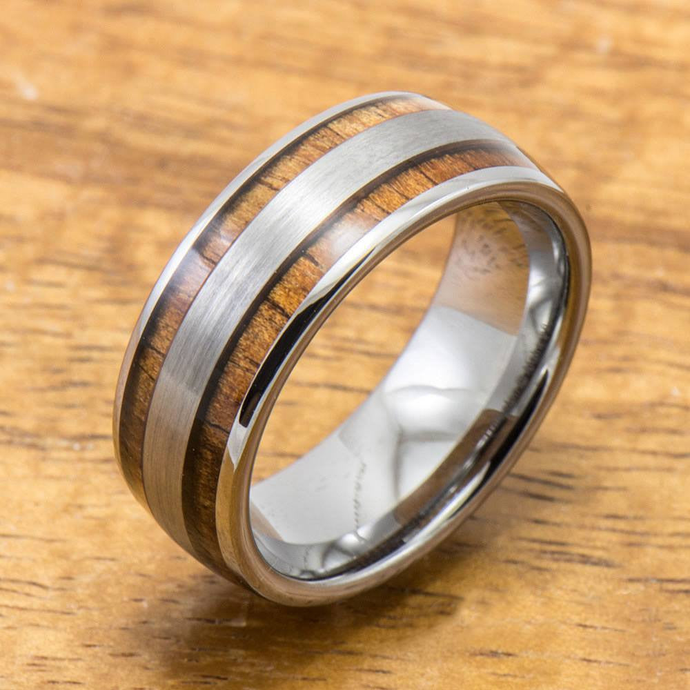 
            
                Load image into Gallery viewer, Brushed Tungsten Ring with Hawaiian Wood Inlay (6mm - 8mm width, Barrel style)
            
        