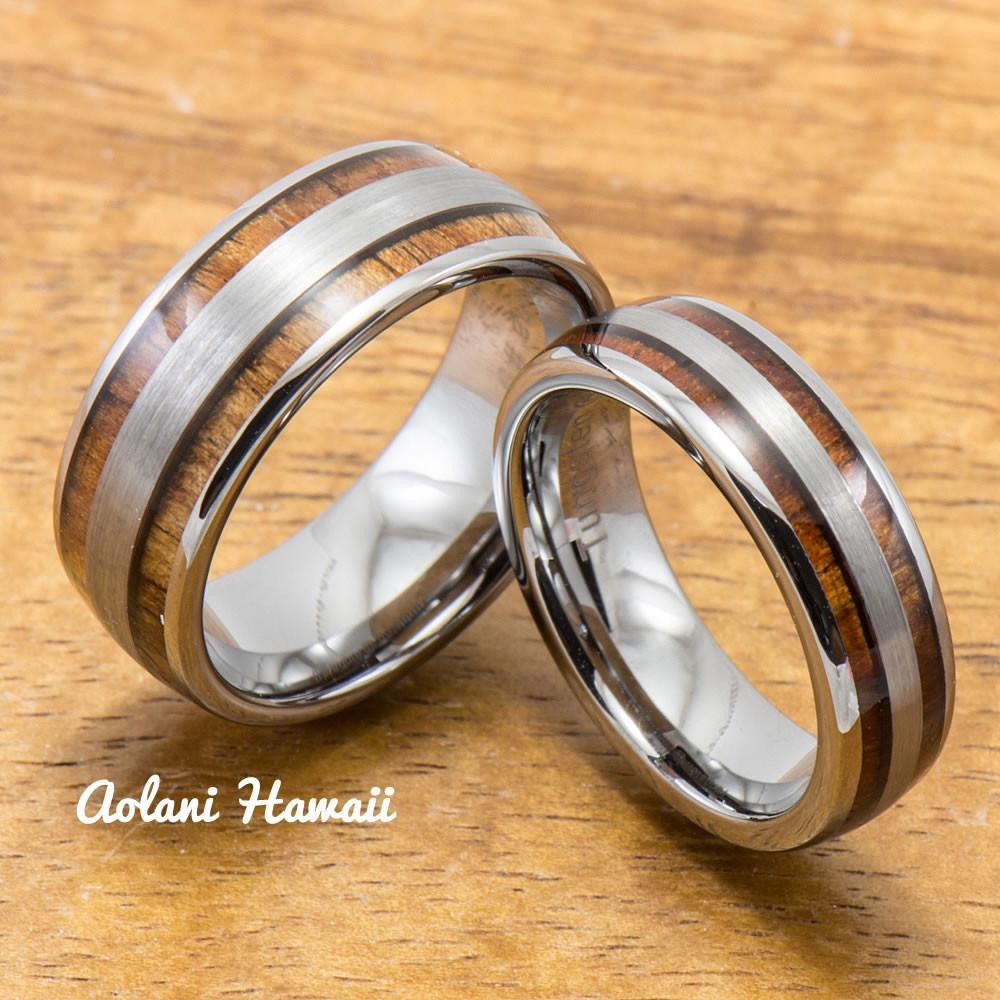 Wedding Band Set of Brushed Tungsten Rings with Koa Wood Inlay (6mm & 8mm width, Barrel Style) - Aolani Hawaii - 1