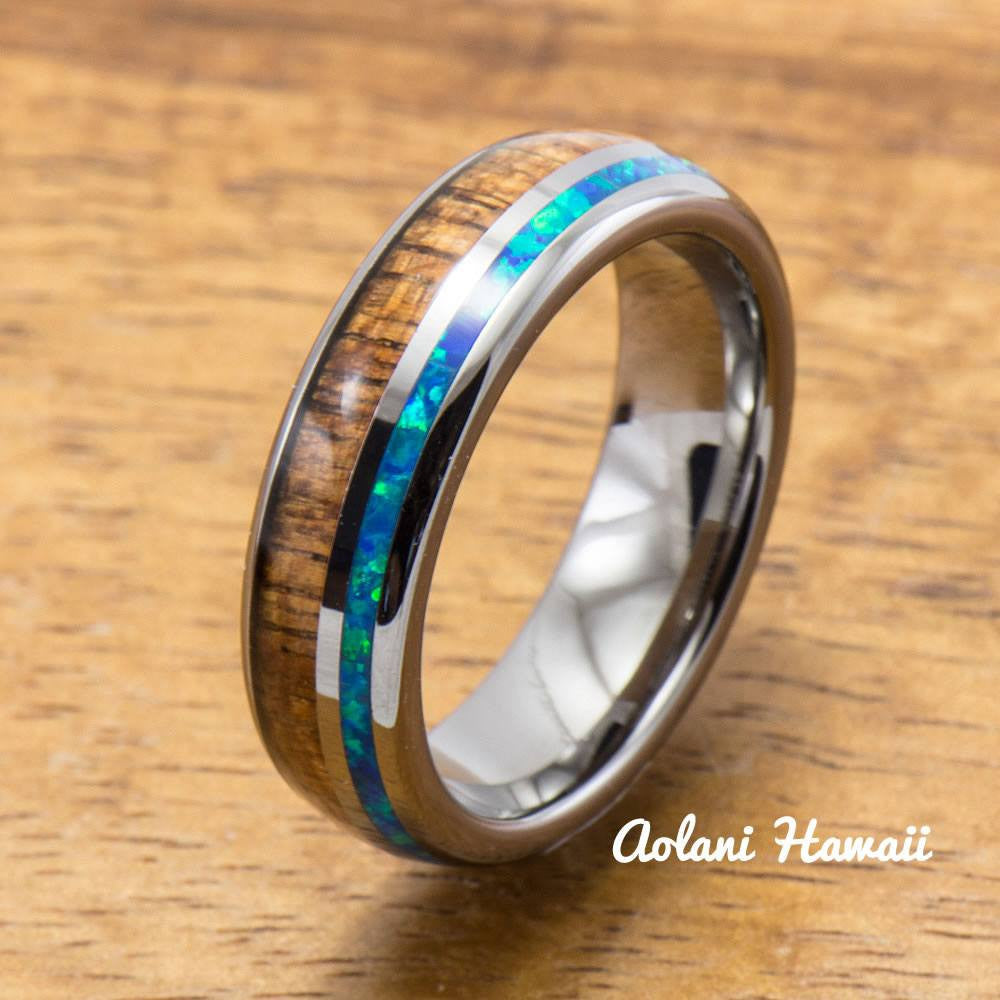 
            
                Load image into Gallery viewer, Tungsten Koa Wood Wedding Band Set with Opal Inlay (6mm - 8mm Width) - Aolani Hawaii - 3
            
        