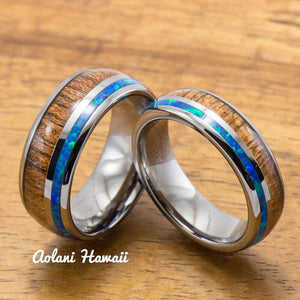 Opal Koa Wood Inlay Tungsten Ring (6mm - 8mm Width, Barrel style) - Aolani Hawaii - 3