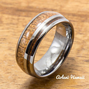 
            
                Load image into Gallery viewer, Hawaiian Koa Wood Inlay Tungsten Ring (6mm - 8mm Width, Barrel style) - Aolani Hawaii - 1
            
        