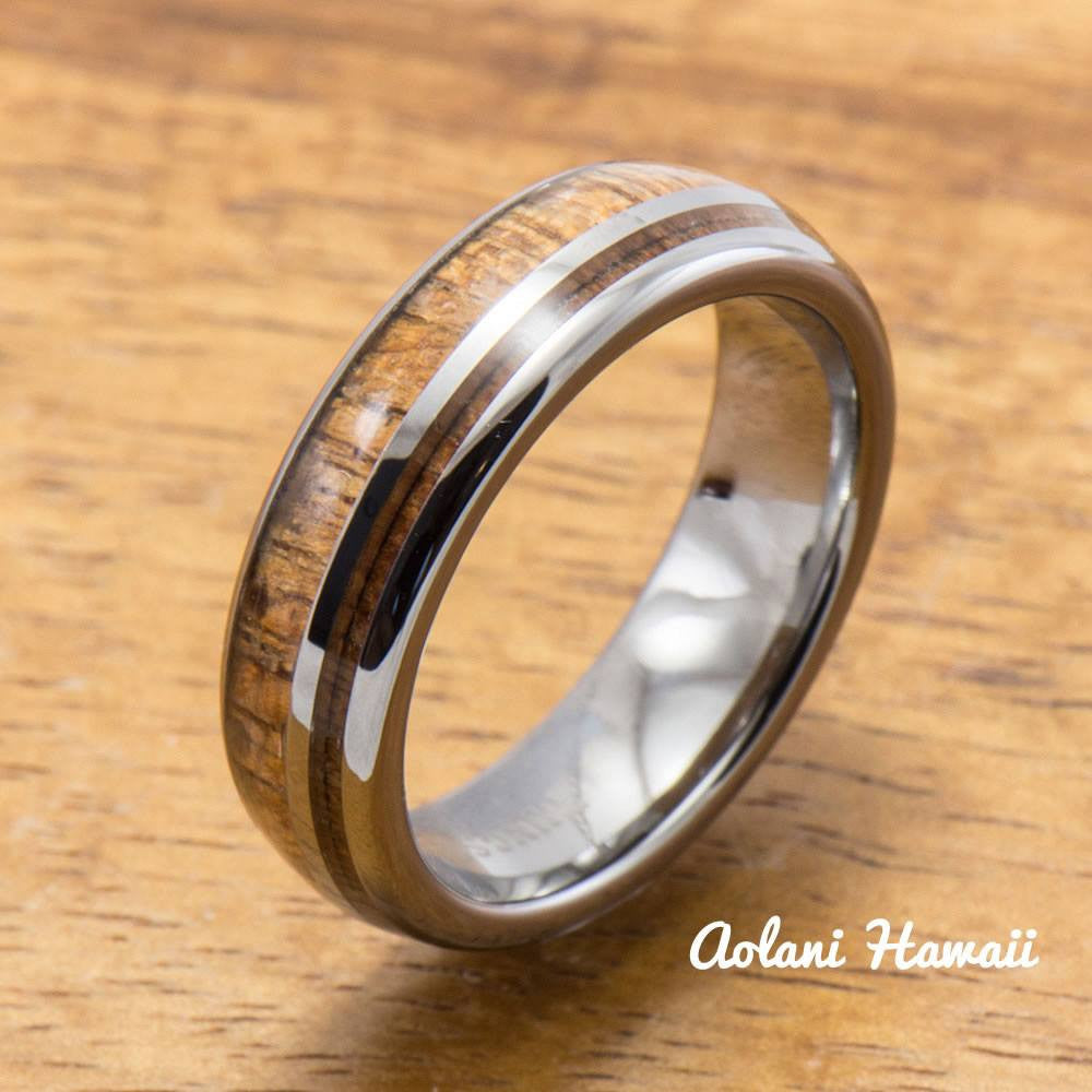 
            
                Load image into Gallery viewer, Hawaiian Koa Wood Inlay Tungsten Ring (6mm - 8mm Width, Barrel style) - Aolani Hawaii - 2
            
        