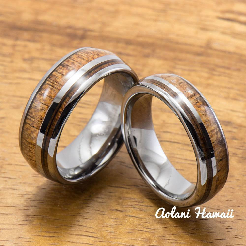 
            
                Load image into Gallery viewer, Hawaiian Koa Wood Inlay Tungsten Ring (6mm - 8mm Width, Barrel style) - Aolani Hawaii - 3
            
        
