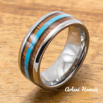 Turquoise Tungsten Ring Koa Wood Inlay (8mm Width, Barrel style) - Aolani Hawaii