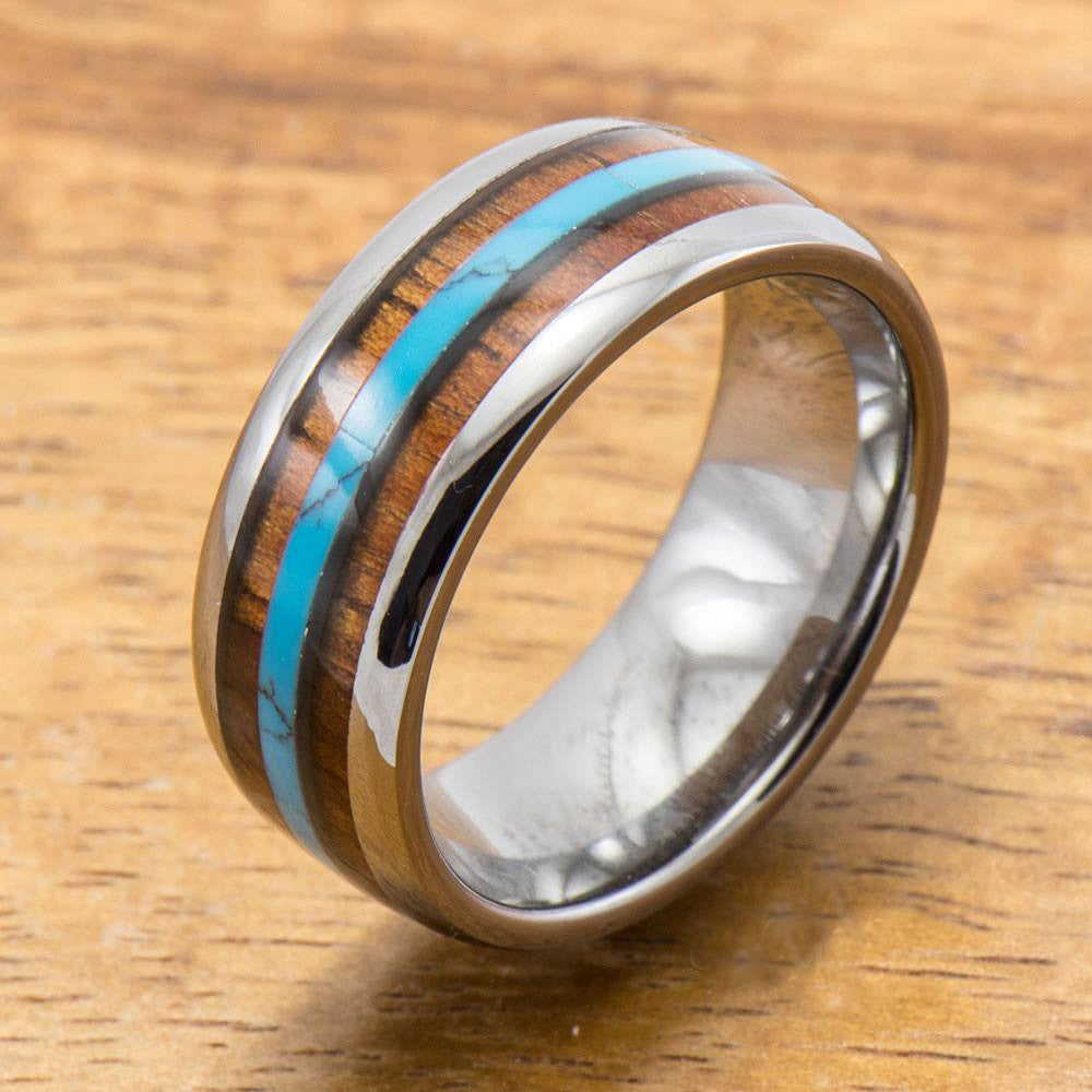 Turquoise Tungsten Ring Koa Wood Inlay (8mm Width, Barrel style)