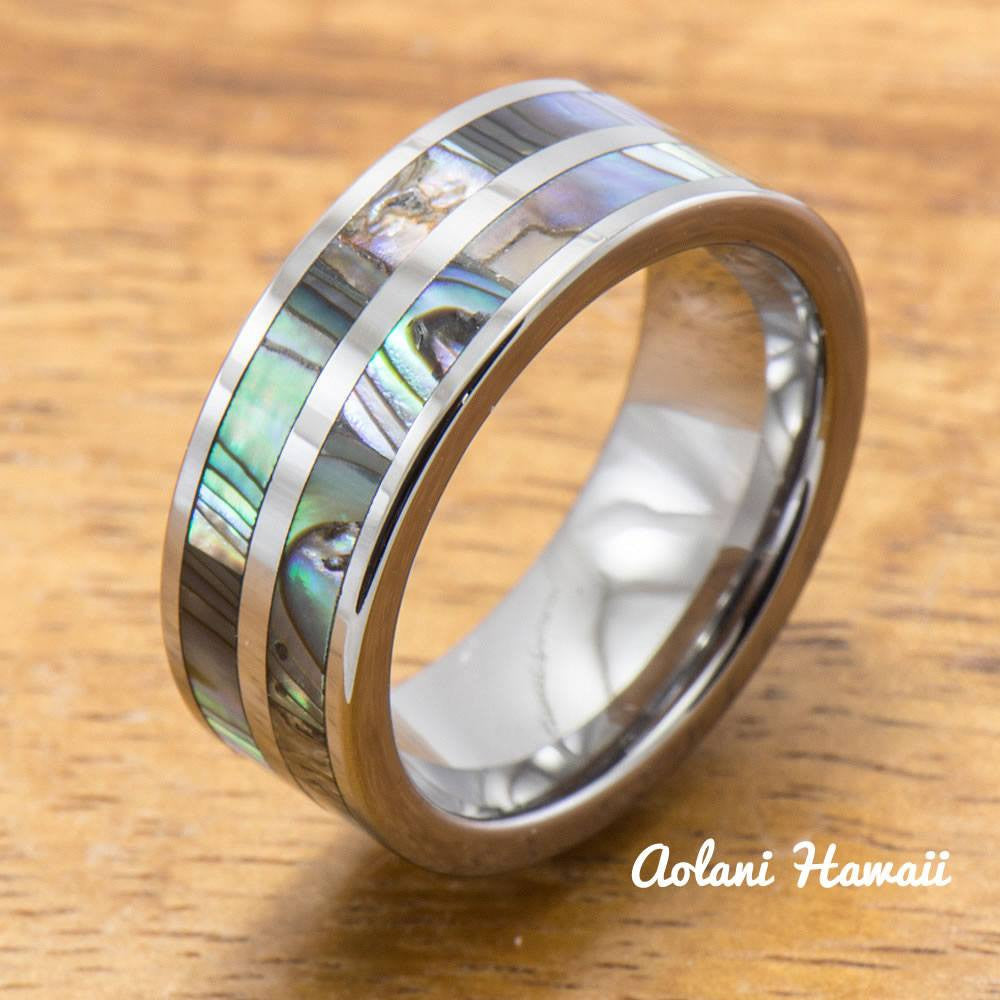 
            
                Load image into Gallery viewer, Abalone Ring Made with Tungsten and Koa Wood Inlay (8mm Width, Flat style) - Aolani Hawaii
            
        