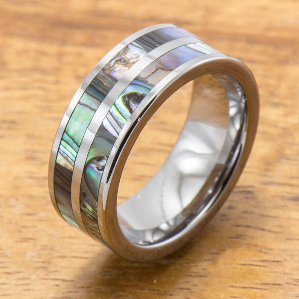 Deal - Abalone Ring Made with Tungsten and Abalone Inlay (8mm Width, Flat style)