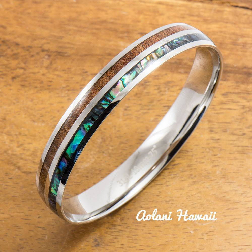 
            
                Load image into Gallery viewer, Abalone Koa Wood Bracelet handmade with Stainless Steel (6mm - 10mm width) - Aolani Hawaii - 1
            
        