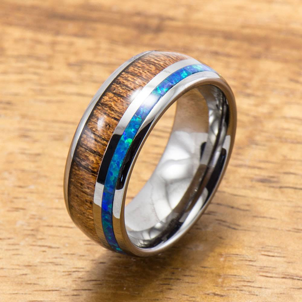 Opal Koa Wood Inlay Tungsten Ring (6mm - 8mm Width, Barrel style)