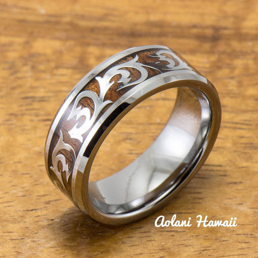 Old English Leaf & Wave Tungsten Ring with Koa Wood Inlay (8mm Width, Flat style) - Aolani Hawaii - 1
