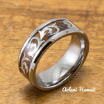 Old English Leaf & Wave Tungsten Ring with Koa Wood Inlay (8mm Width, Flat style) - Aolani Hawaii - 1