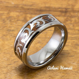 
            
                Load image into Gallery viewer, Old English Leaf &amp;amp; Wave Tungsten Ring with Koa Wood Inlay (8mm Width, Flat style) - Aolani Hawaii - 1
            
        