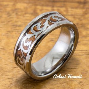 Old English Leaf & Wave Tungsten Ring with Koa Wood Inlay (8mm Width, Flat style) - Aolani Hawaii - 2
