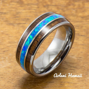 
            
                Load image into Gallery viewer, Tungsten Opal Ring With Koa Wood Inlay (8mm Width, Barrel style) - Aolani Hawaii
            
        