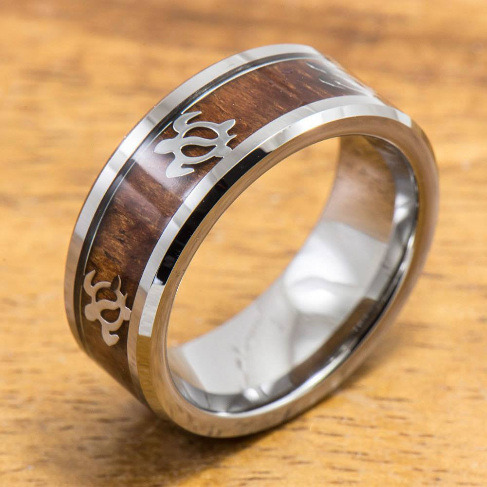 Tungsten Turtle Ring with Koa Wood Inlay (8mm Width, Flat style)