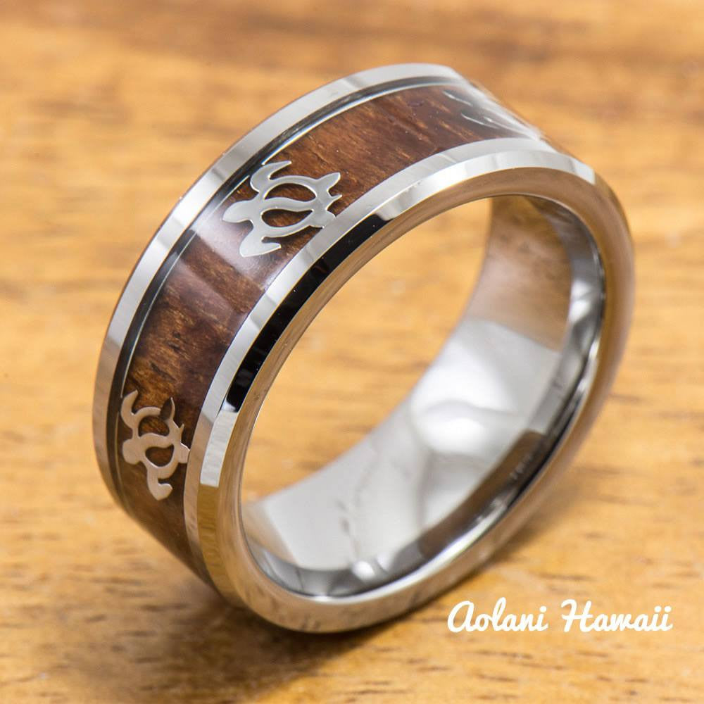 
            
                Load image into Gallery viewer, Tungsten Turtle Ring with Koa Wood Inlay (8mm Width, Flat style) - Aolani Hawaii
            
        