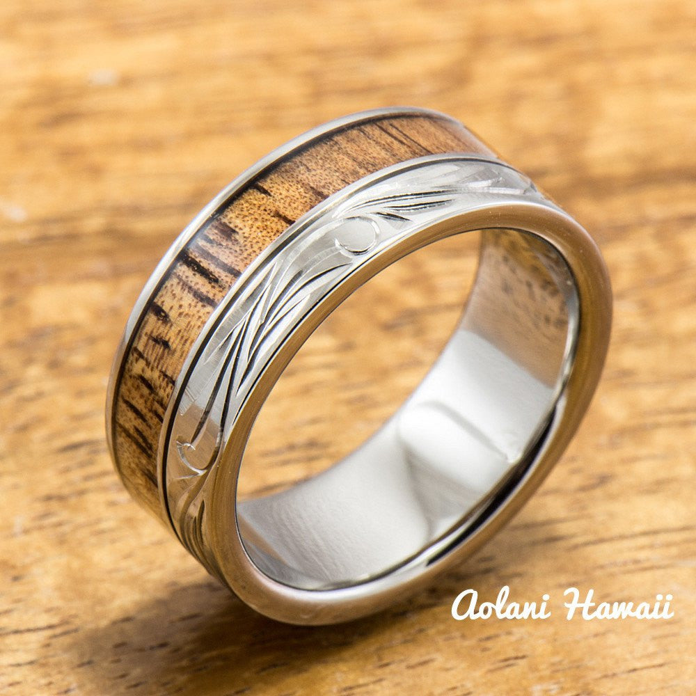 Diamond Titanium Wedding Ring Set with Hawaiian Koa Wood Inlay (8mm - 8mm Width, Flat Style) - Aolani Hawaii - 4