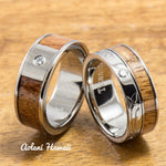 Diamond Titanium Wedding Ring Set with Hawaiian Koa Wood Inlay (8mm - 8mm Width, Flat Style) - Aolani Hawaii - 1