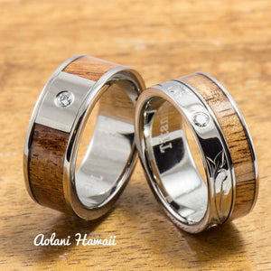 
            
                Load image into Gallery viewer, Diamond Titanium Wedding Ring Set with Hawaiian Koa Wood Inlay (8mm - 8mm Width, Flat Style) - Aolani Hawaii - 1
            
        